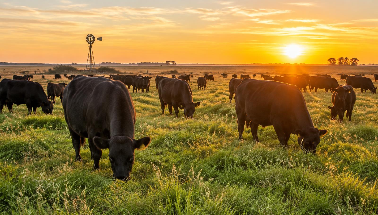 Vacas pastando en el campo al amanecer